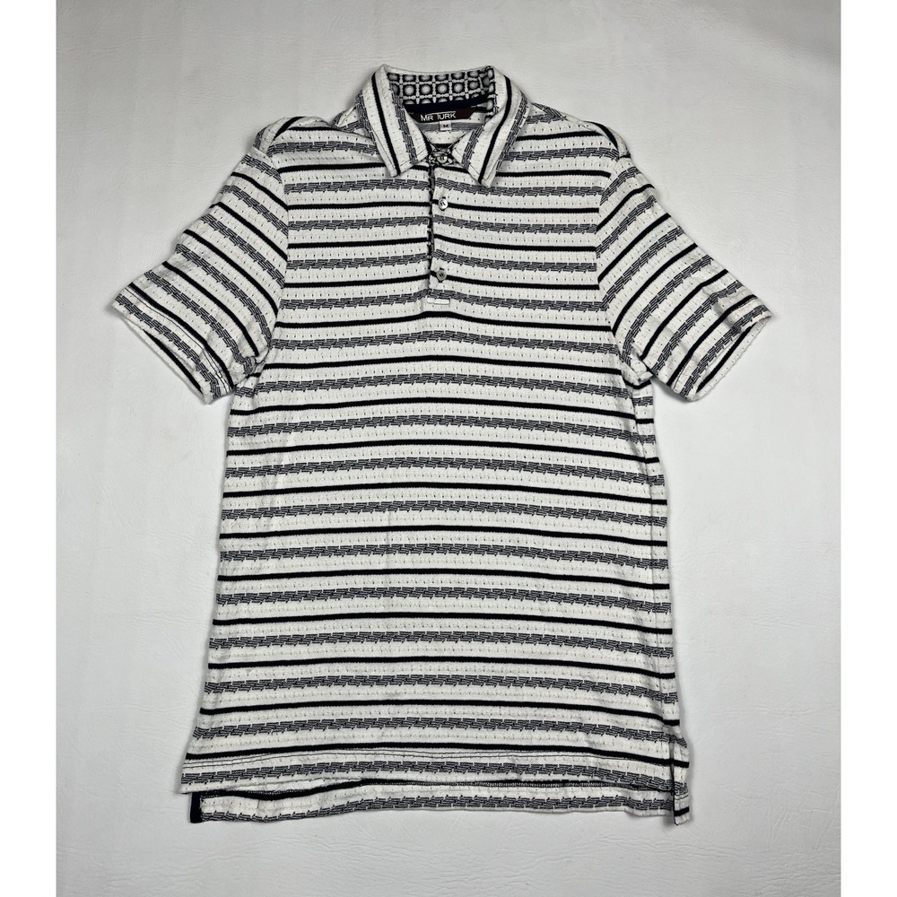 Mr Turk Polo Shirt Mens Medium Blue White Striped Textured Knit Short Sleeve